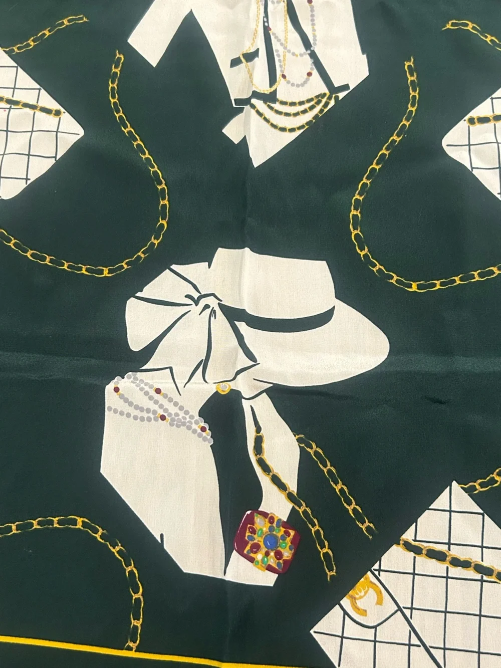 CHANEL Dark Green Silk Scarf with Silhouette of Ladies and Bags